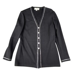 Vintage St. John Cardigan Jacket Womens Size 6 Black Rhinestone Trim Crystal